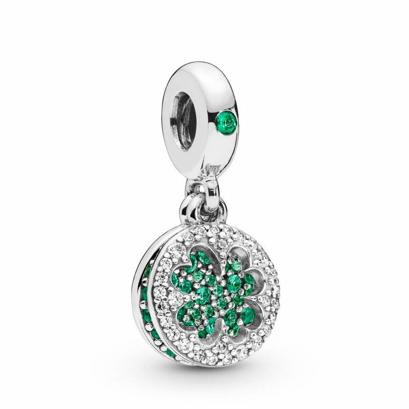 Pandora Dazzling Clover Dangle Charm Ireland - Sterling Silver/Green/Mixed Stones - 460978CQK